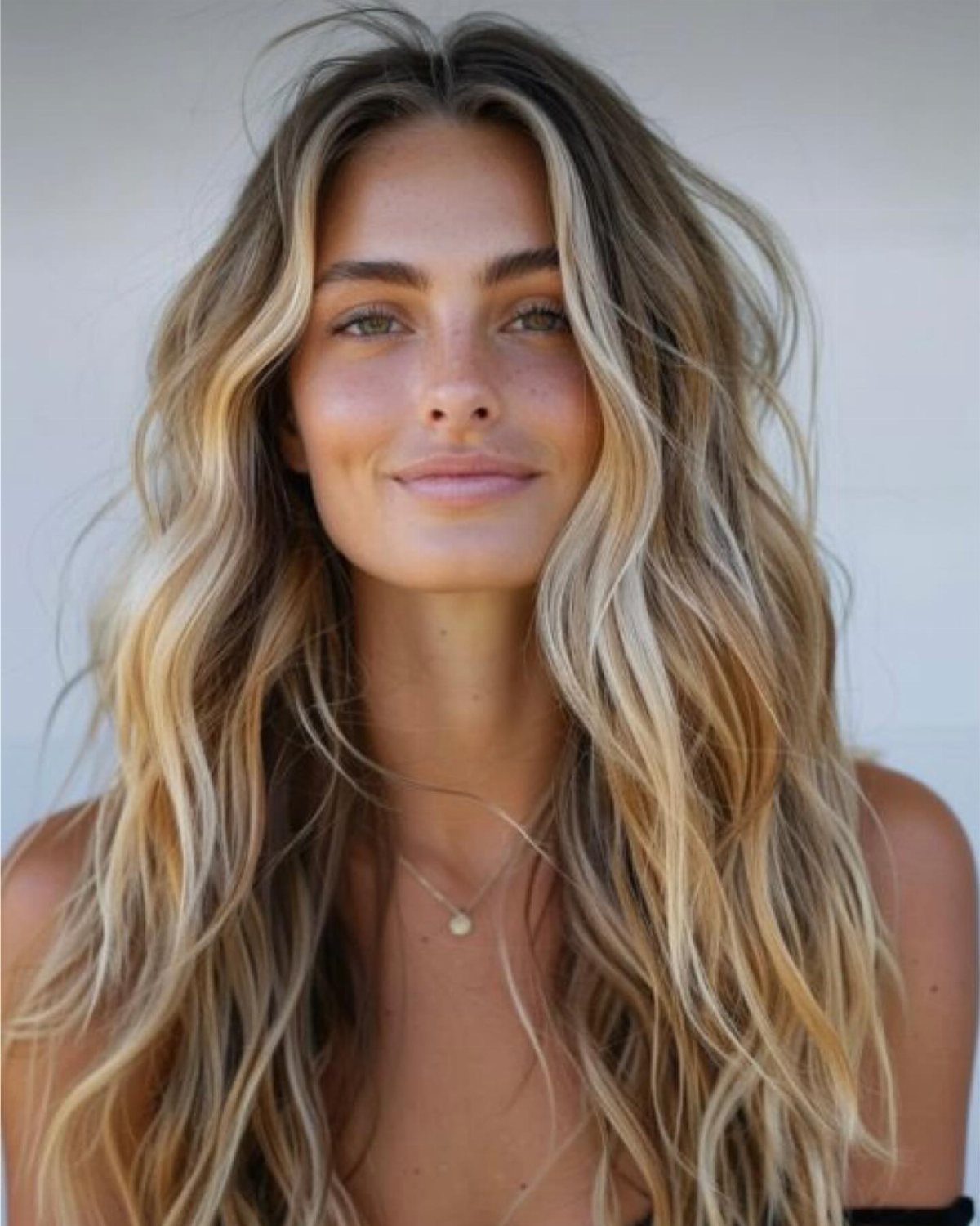 Woman with long, tousled blonde beach waves and darker roots