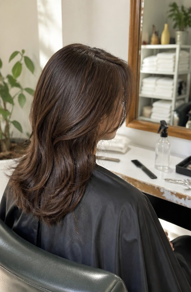 Center-parted hair shifted off-center with one heavier front panel