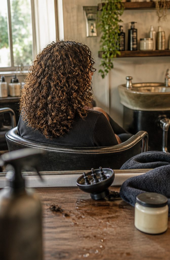 Center-parted curly hair with springy curls framing the face
