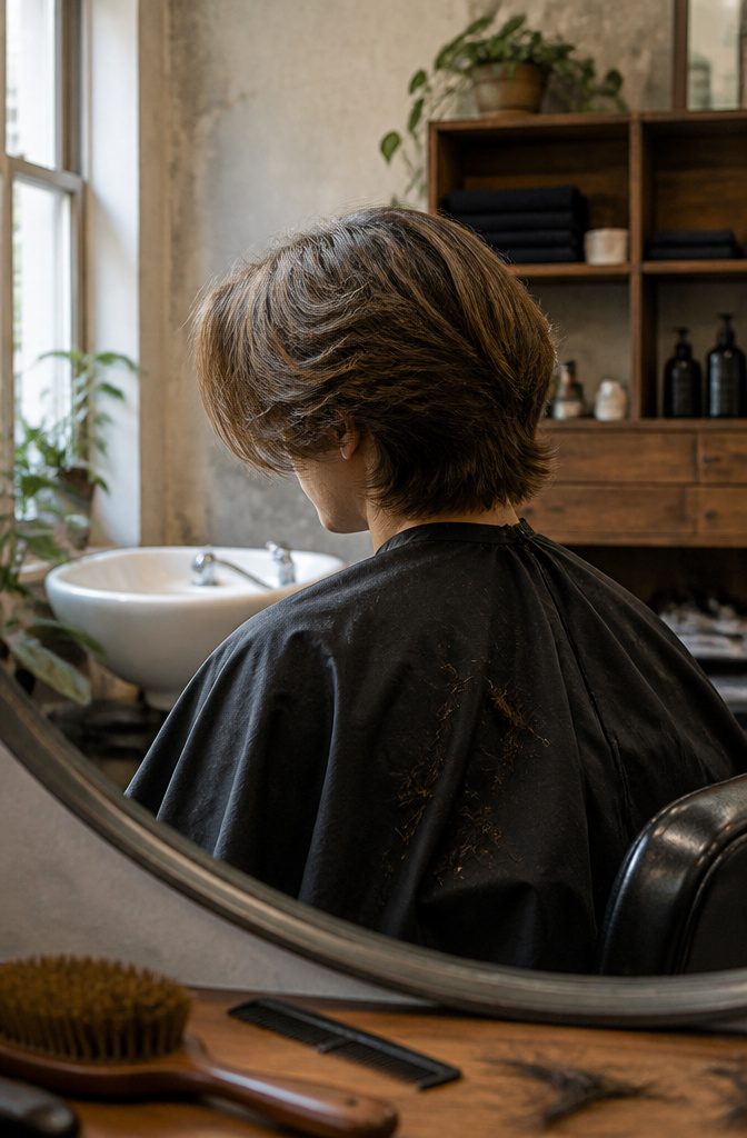 Medium-length hair falling over the forehead and sweeping back