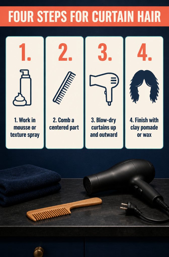 Four-step curtain hair styling guide with numbered instructions