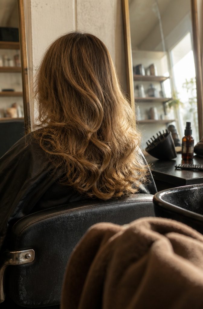 Center-parted hair with loose waves and added fullness