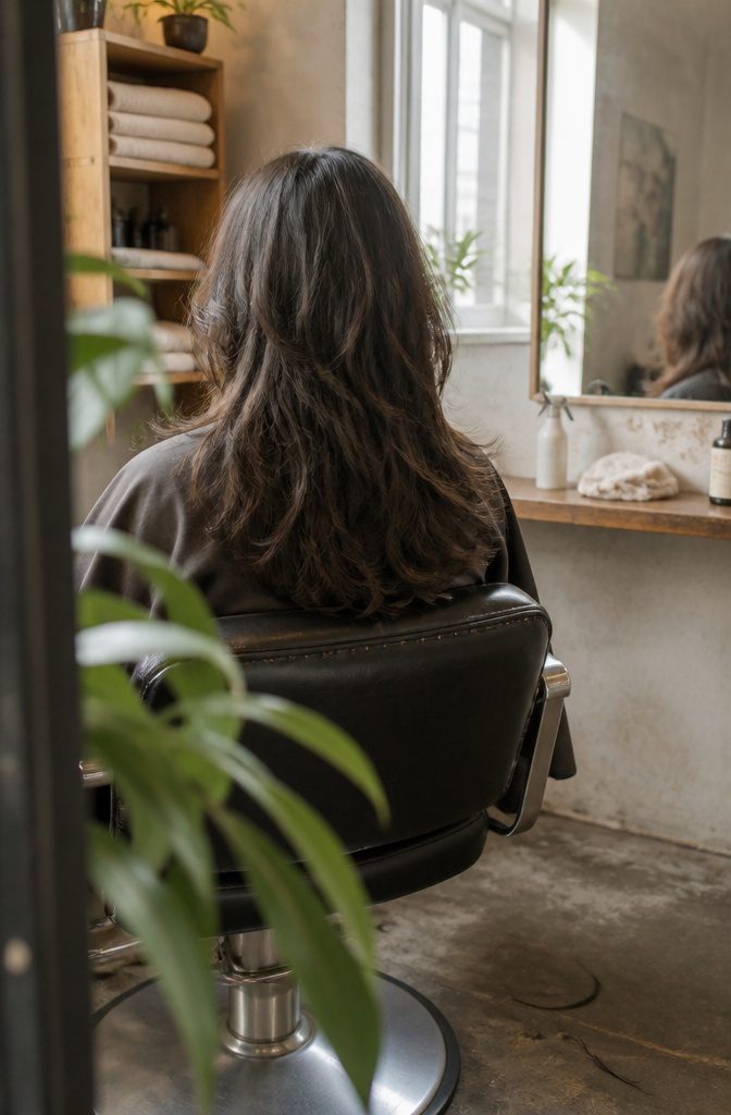 Center-parted hair with uneven layers and tousled texture