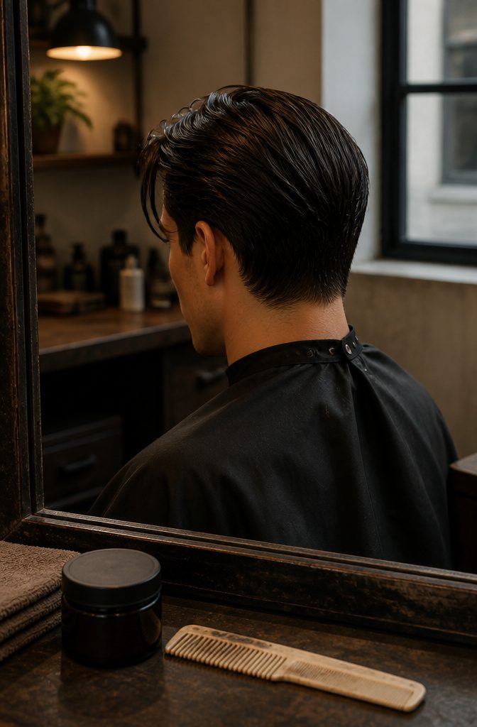 Center-parted hair slicked back with a high-shine finish