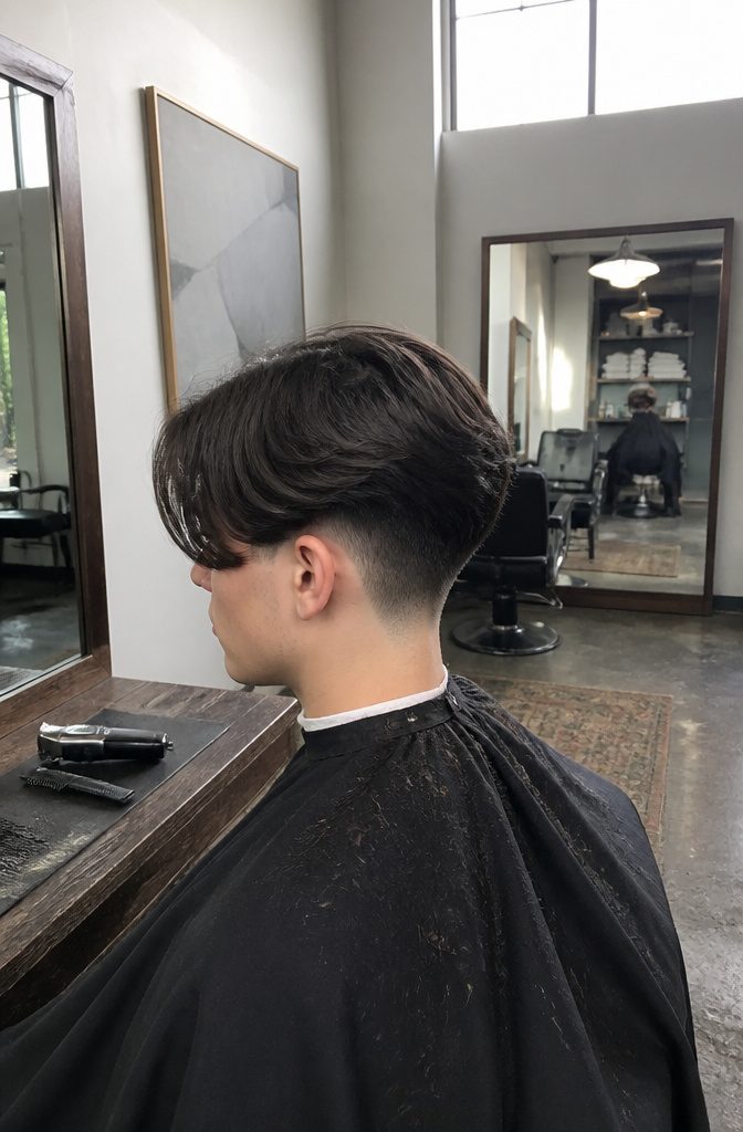 Center-parted long hair with sides fading gradually upward