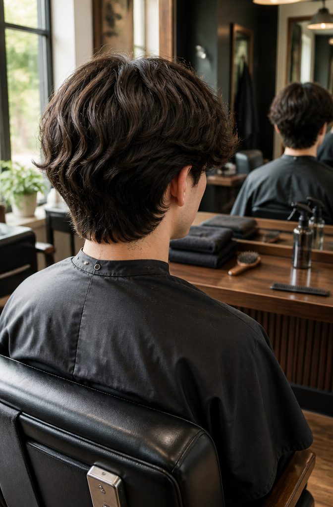 Long center-parted top with gradually shortened sides and nape
