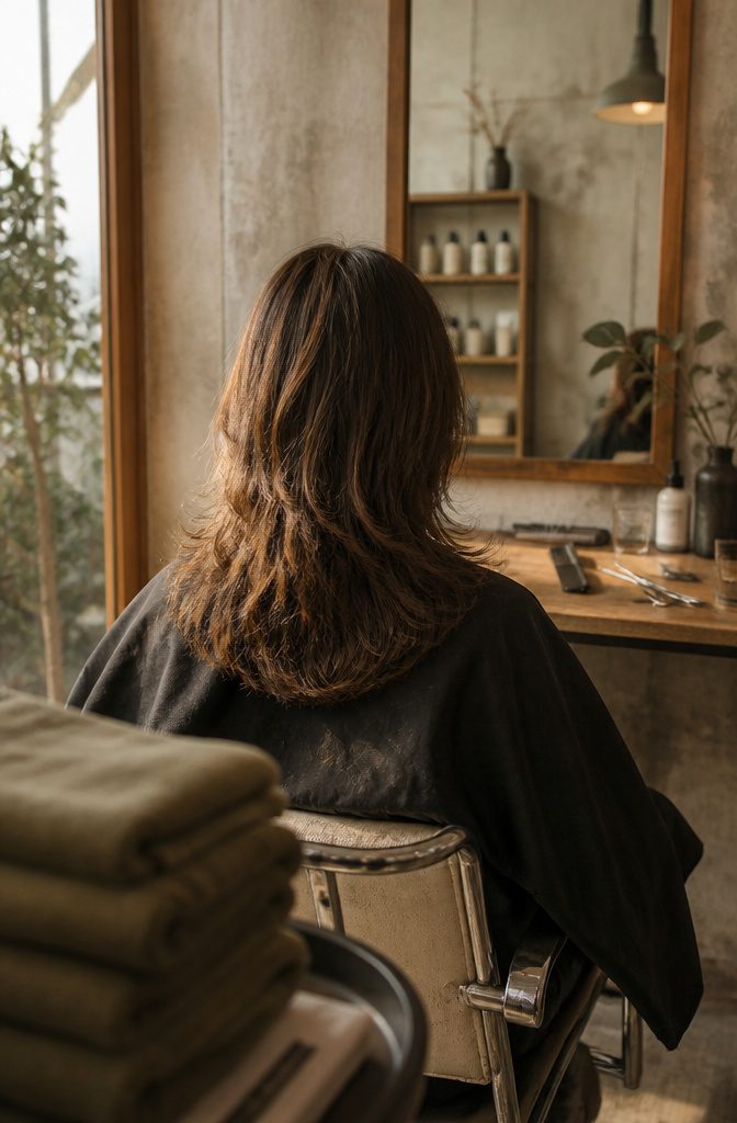 Center-parted hair with gradual layers and feathered ends