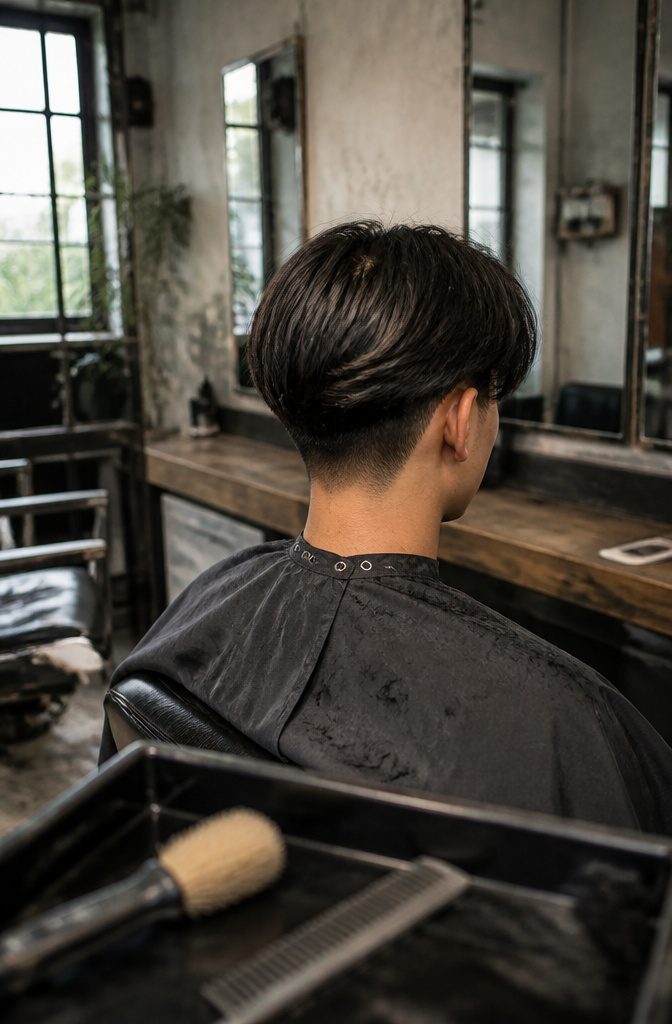 Long center-parted hair above closely cut sides and back