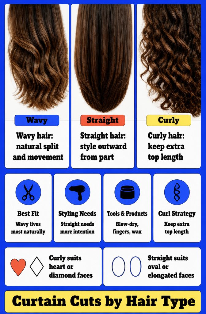 Curtain haircut guide comparing wavy straight and curly hair types