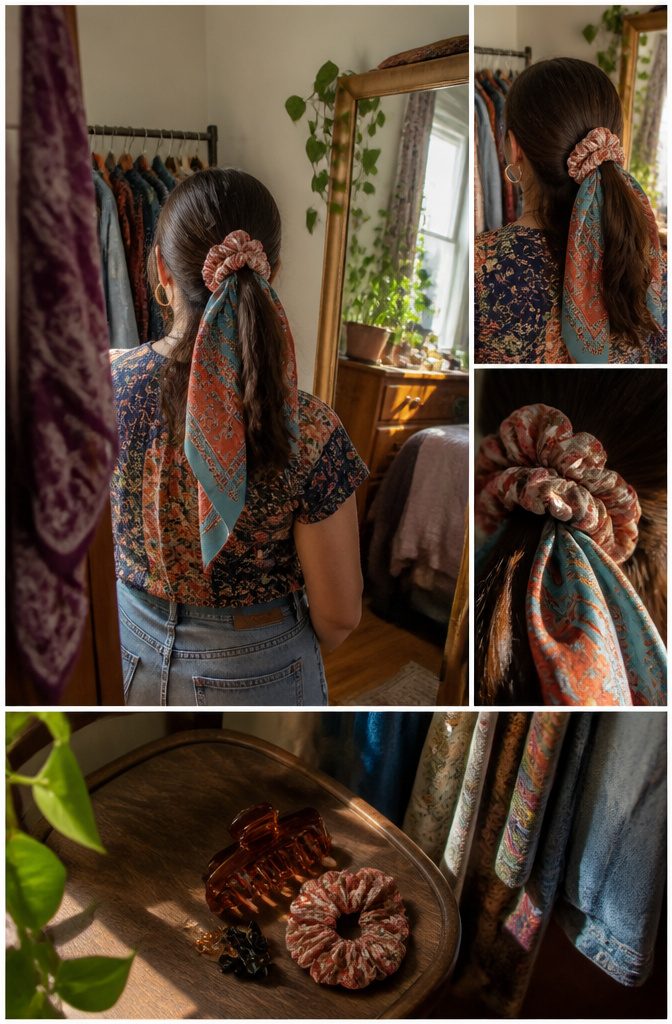 Scrunchie coordinated with an outfit and worn in a ponytail