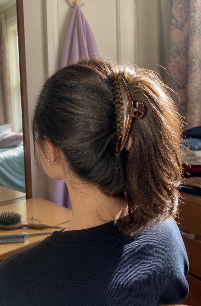 Tortoiseshell banana clip curved around a gathered ponytail