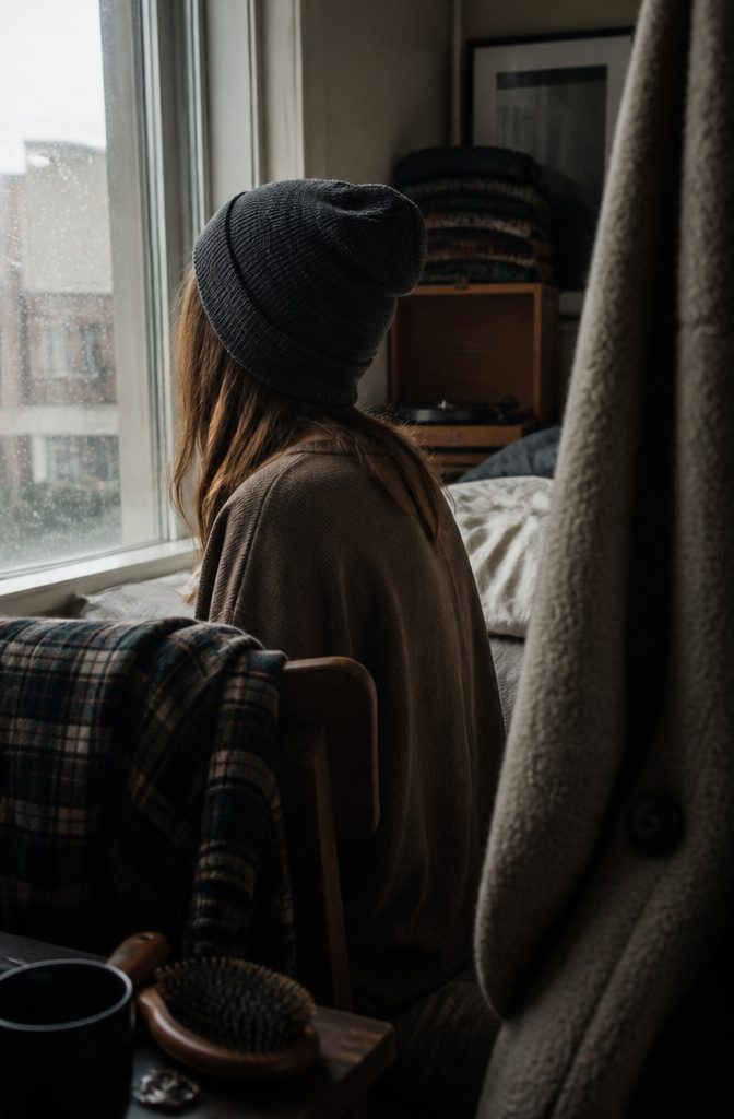 Soft knit beanie worn low over loose hair