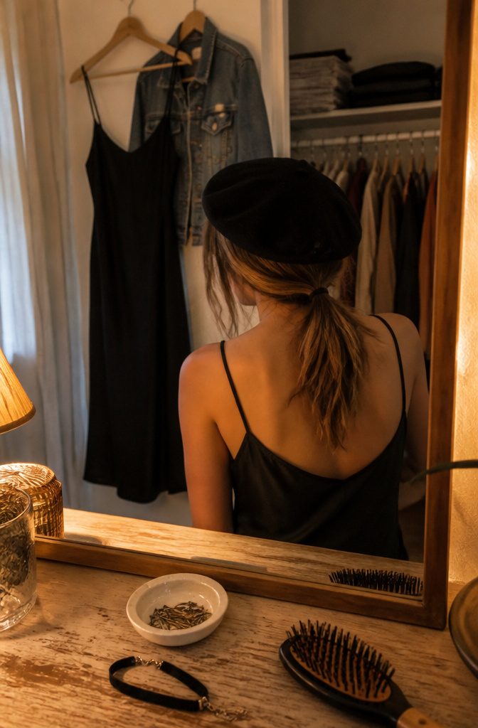 Black velvet beret perched at an angle above loose hair