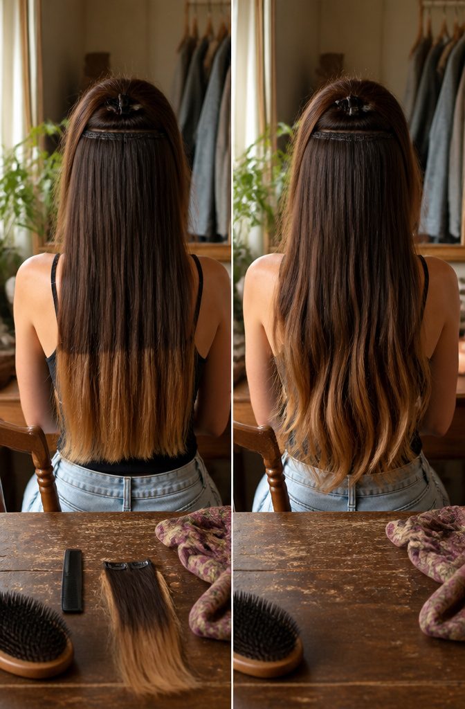 Colored clip-in extension attached to a section of hair
