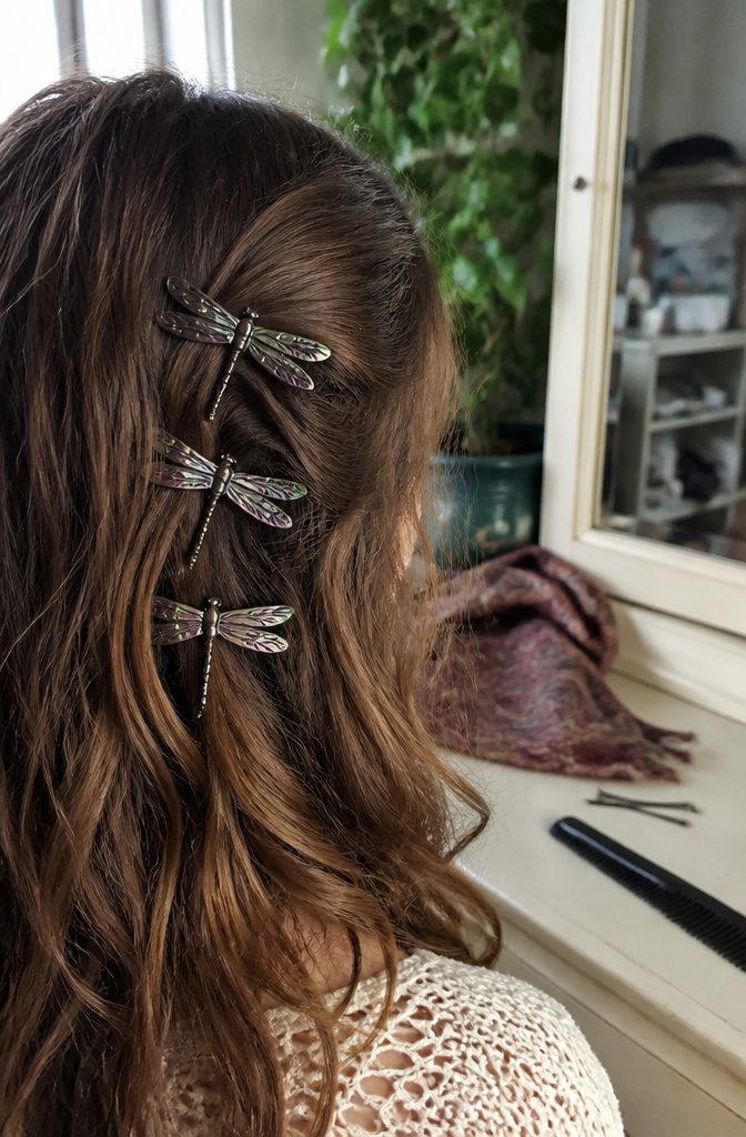 Three dark dragonfly clips set along a loose wave
