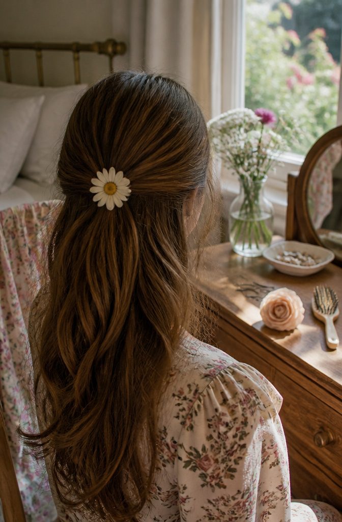 Hair daisy clipped into a half-up style beside a fabric rose