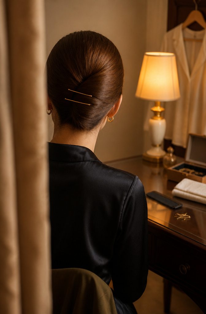 Slim curved metal pins threaded through a neat hair twist