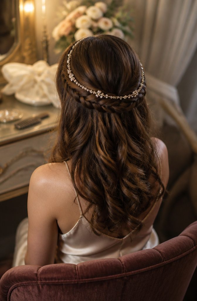 Fine hair chain draped across the crown