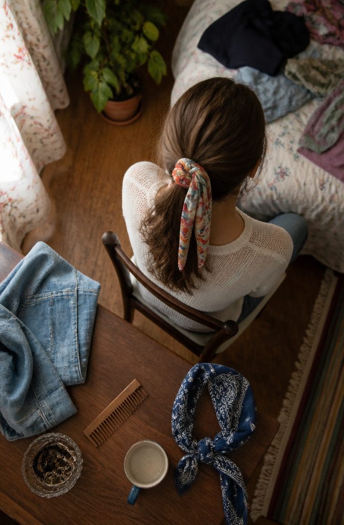 Printed silk scarf tied around a ponytail