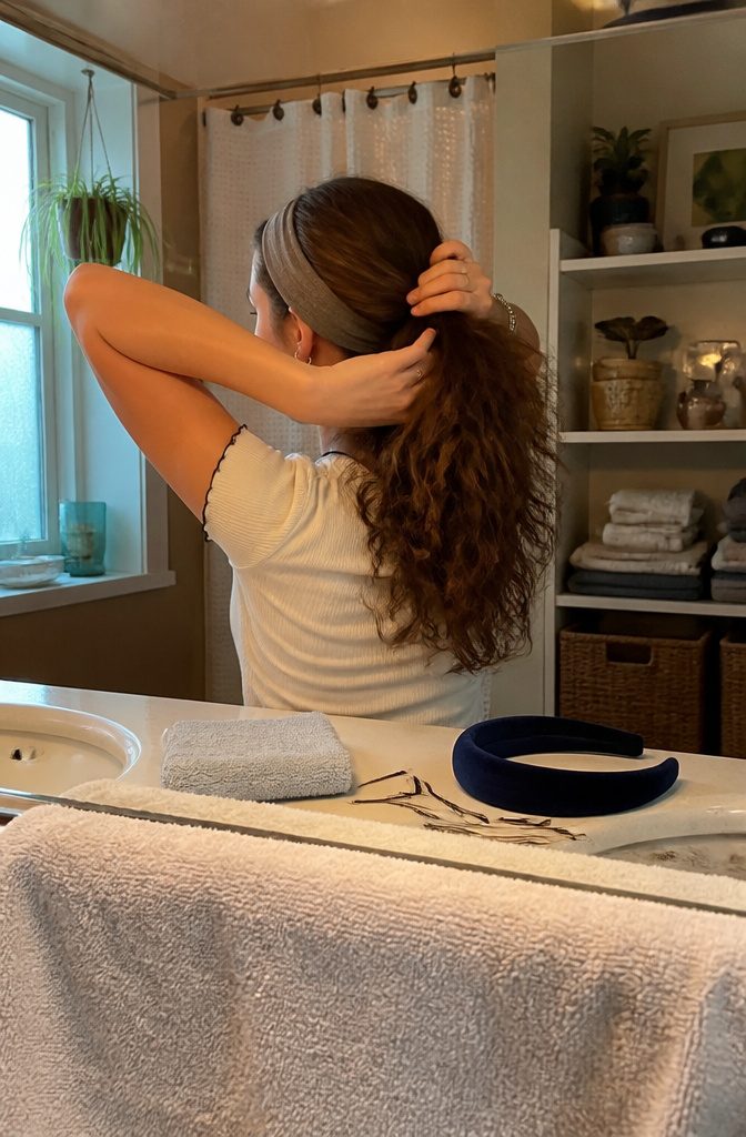 Wide jersey headband and padded velvet band beside loose waves