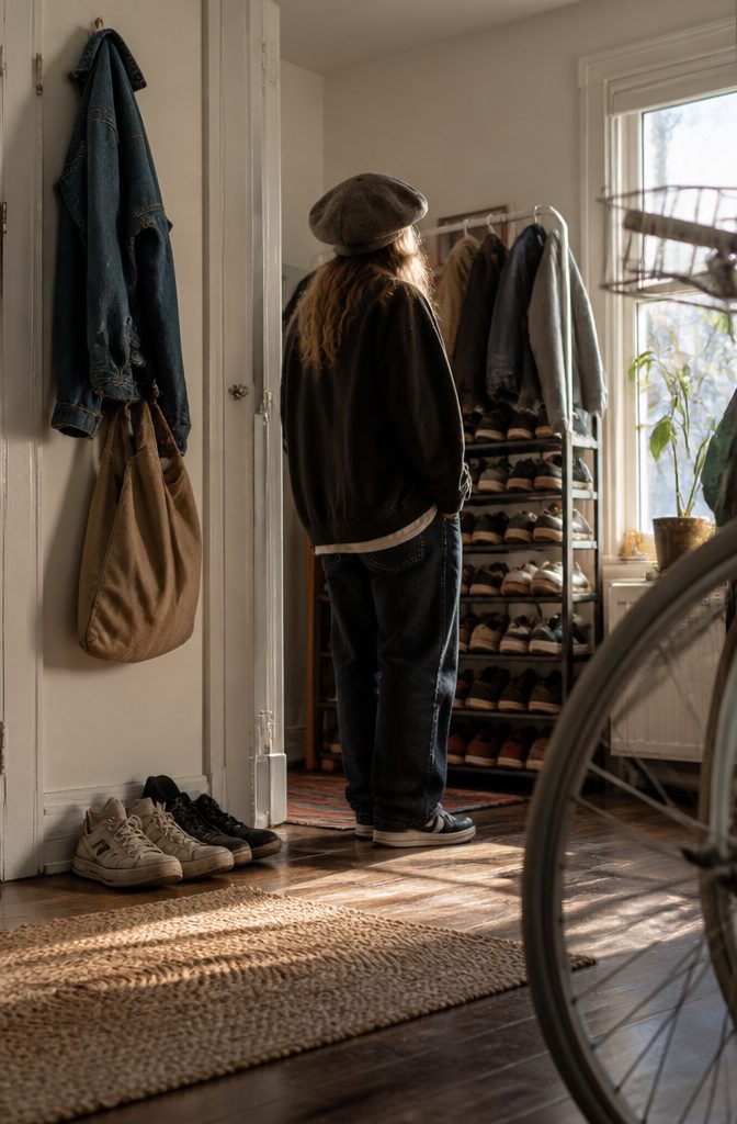 Oversized flat cap worn high over loose hair