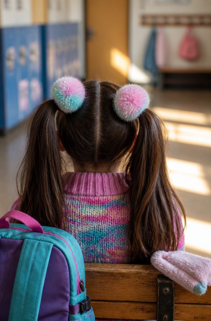 Pom pom hair ties securing a ponytail