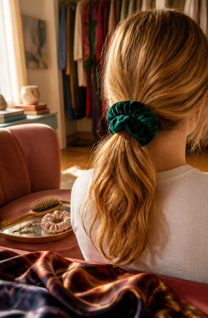 Oversized fabric scrunchie wrapped around a ponytail