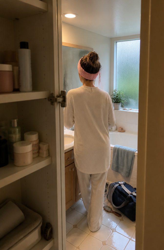 Pastel terry cloth band holding damp hair away from the face
