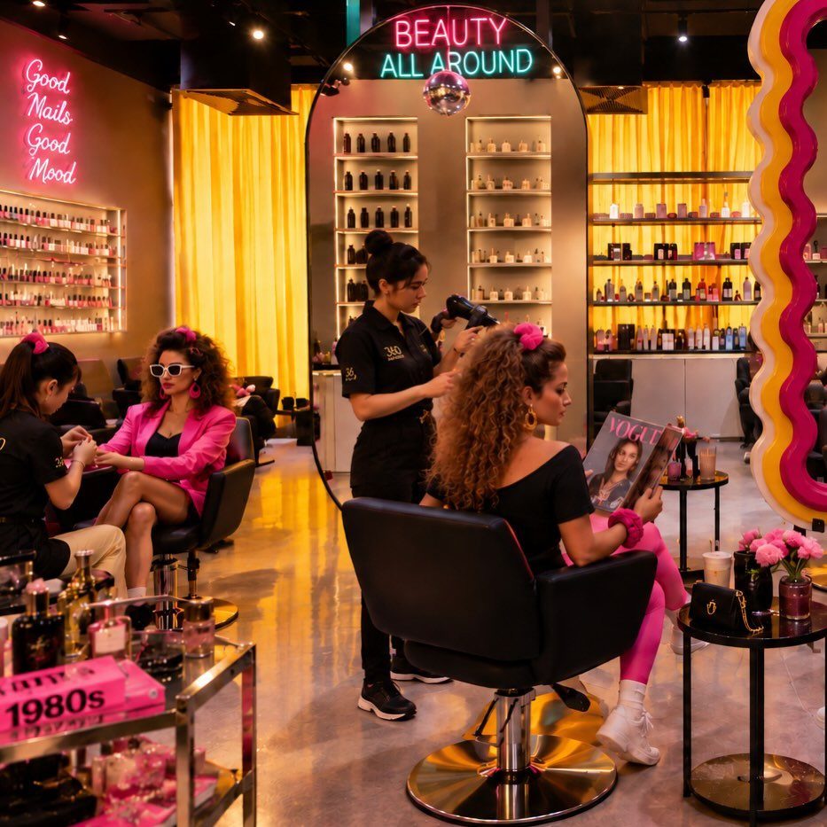 Beauty salon with clients getting their hair styled amid pink accents and yellow curtains