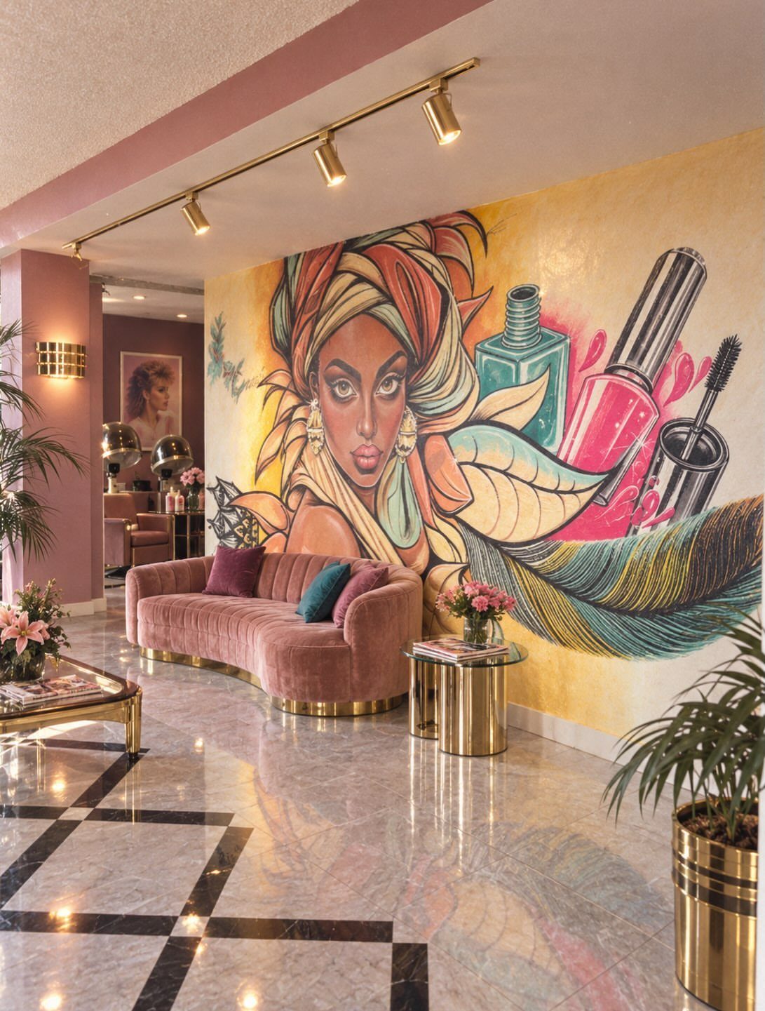 Salon lobby with colorful mural, pink velvet sofa, gold accents, and patterned floor