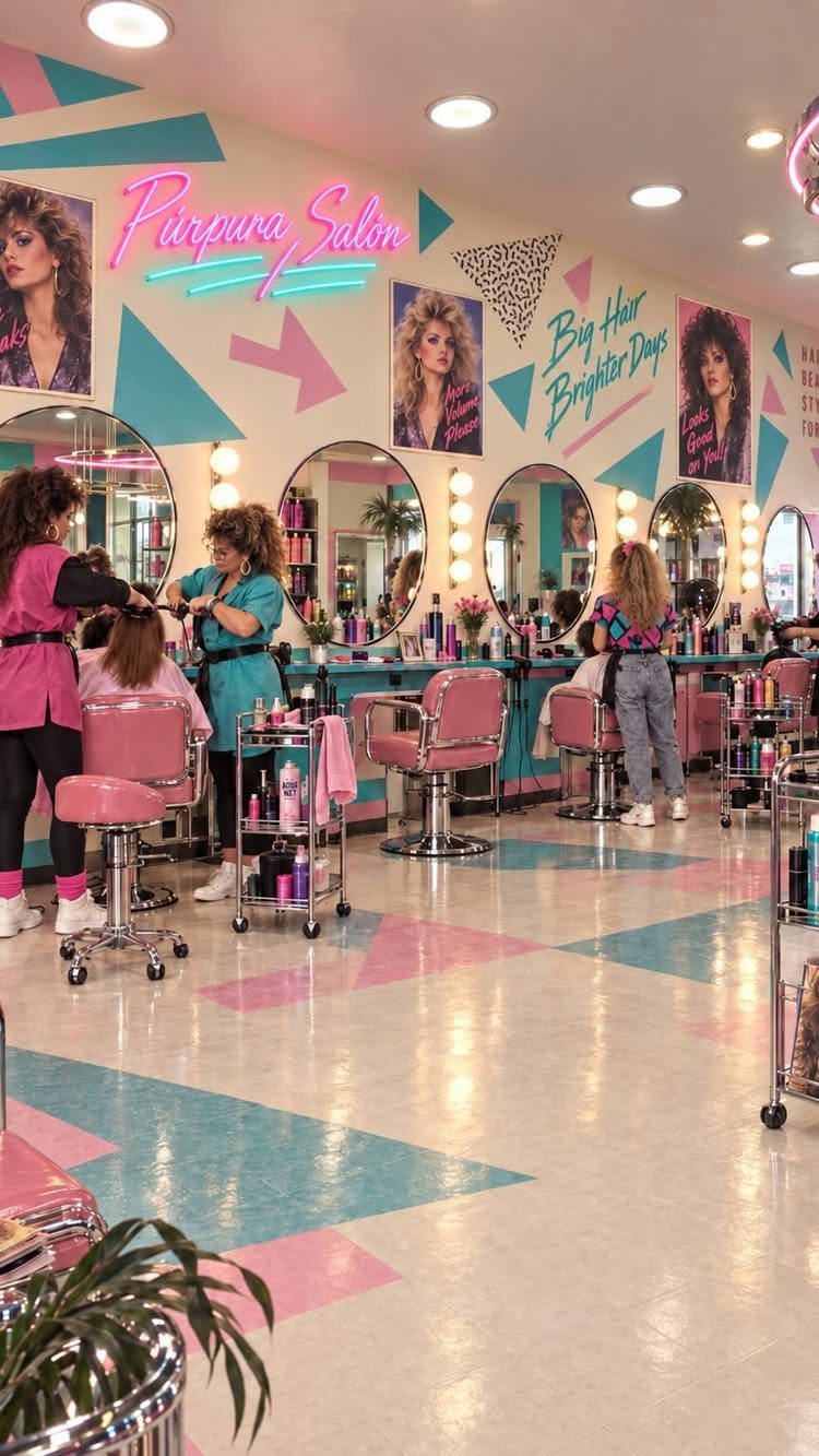 Hair salon with pink and teal styling chairs, mirrors, geometric decor, and hairdressers at work
