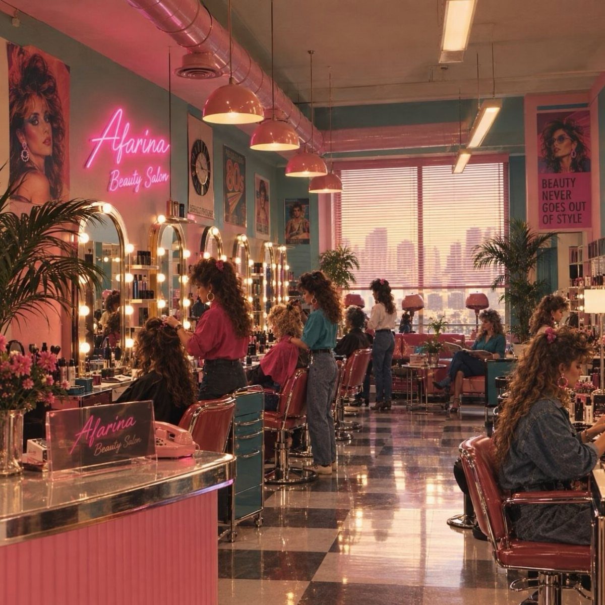 Retro salon with checkered floor, illuminated mirrors, pink desk, and clients