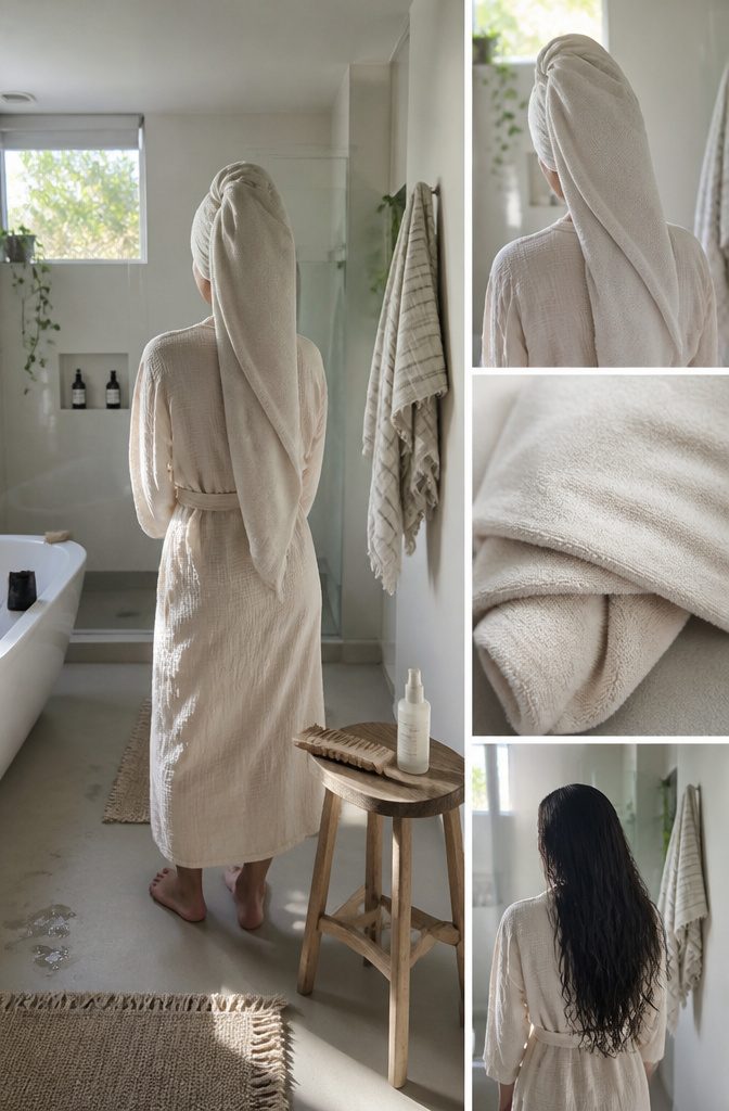 Different hair textures shown with towels and styling products