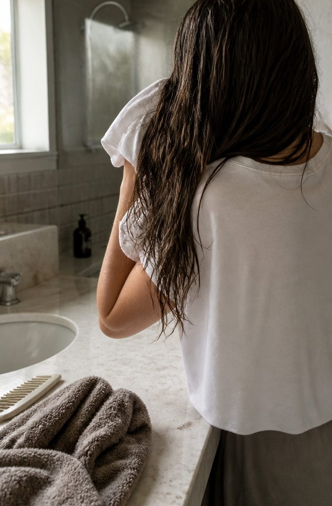 Long wet hair pressed between a cotton T-shirt and hands