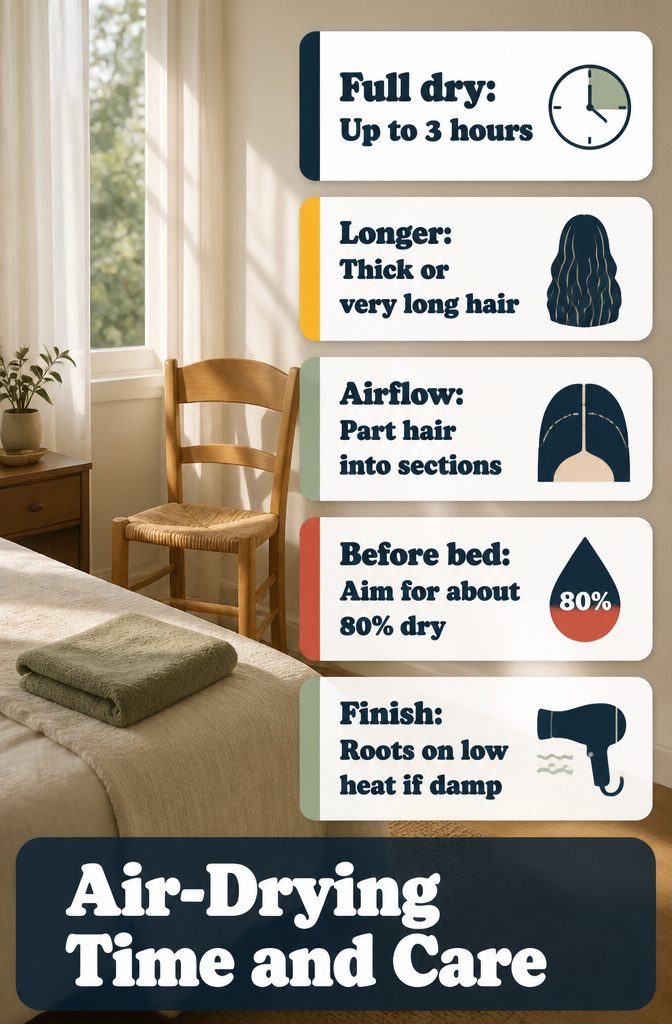 Beauty information graphic about air-drying time and hair care