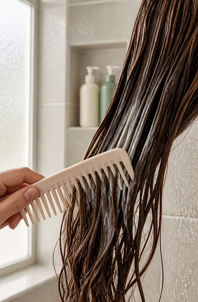 Wet hair with conditioner worked through the mid-lengths and ends