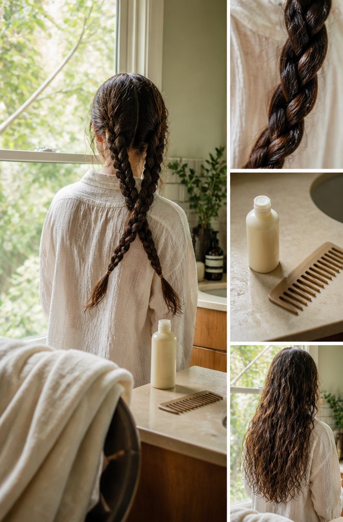 Damp hair divided into braids to form loose waves