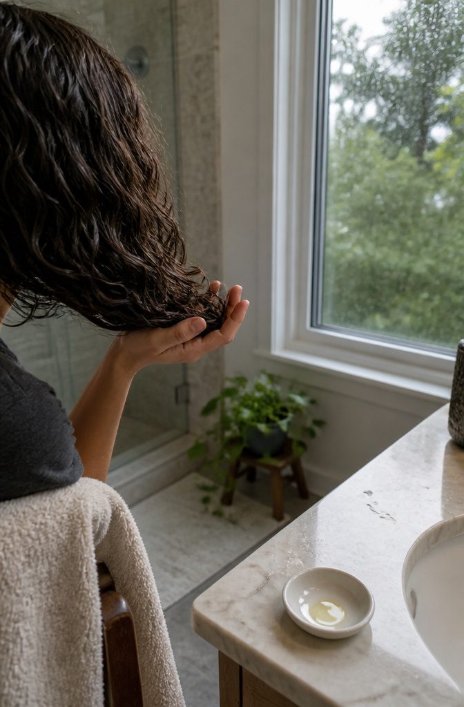 Hand scrunching loose waves upward from the ends