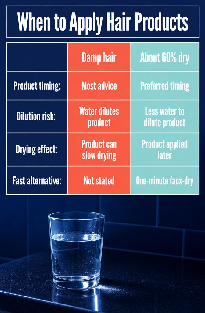 Hair product containers beside damp hair during air drying