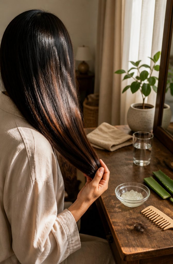 Long smooth hair over a shoulder with a hand gently gathering the ends