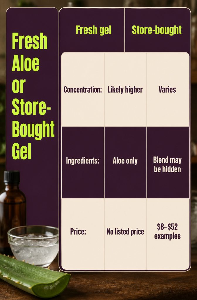 Fresh aloe leaf and bottled hair products shown side by side