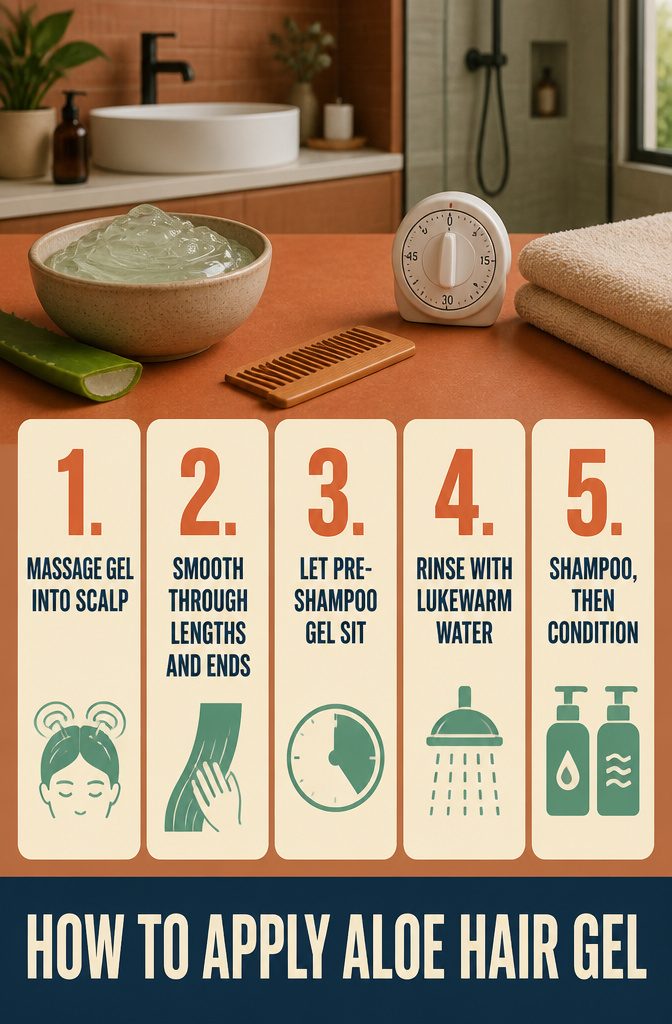 Aloe hair gel application steps from scalp massage through rinsing