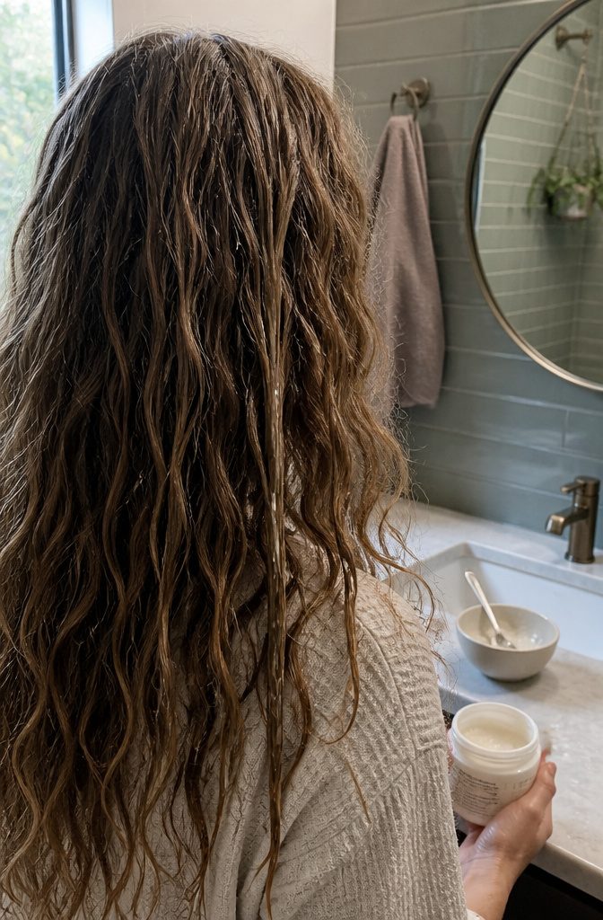 Close view of fine dry hair with stiff strands and a hand holding a conditioner jar