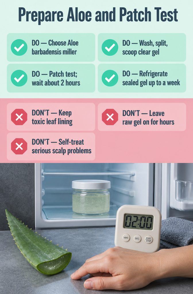 Aloe leaf preparation steps and a patch test shown in an infographic