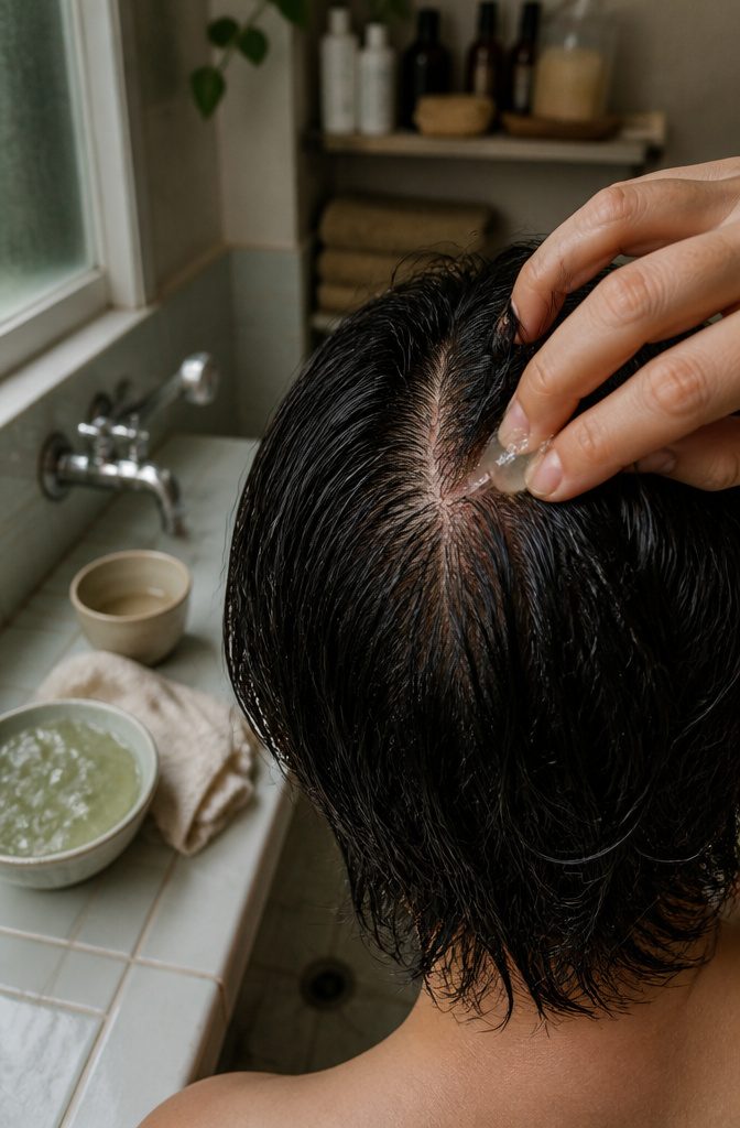 Aloe vera gel beside hair and scalp care items