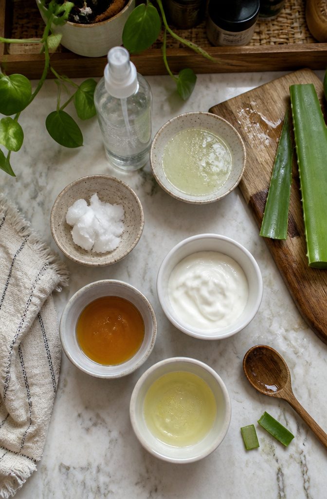 Aloe vera leaves and gel arranged for a hair treatment article