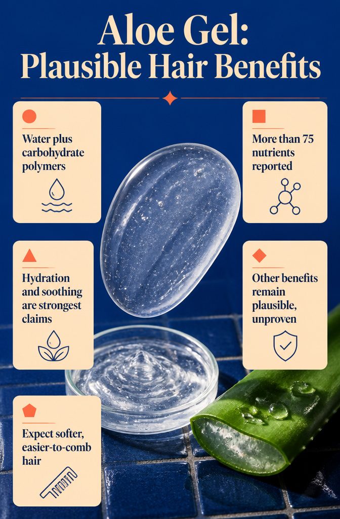 Aloe gel benefits infographic with a list of hair care effects