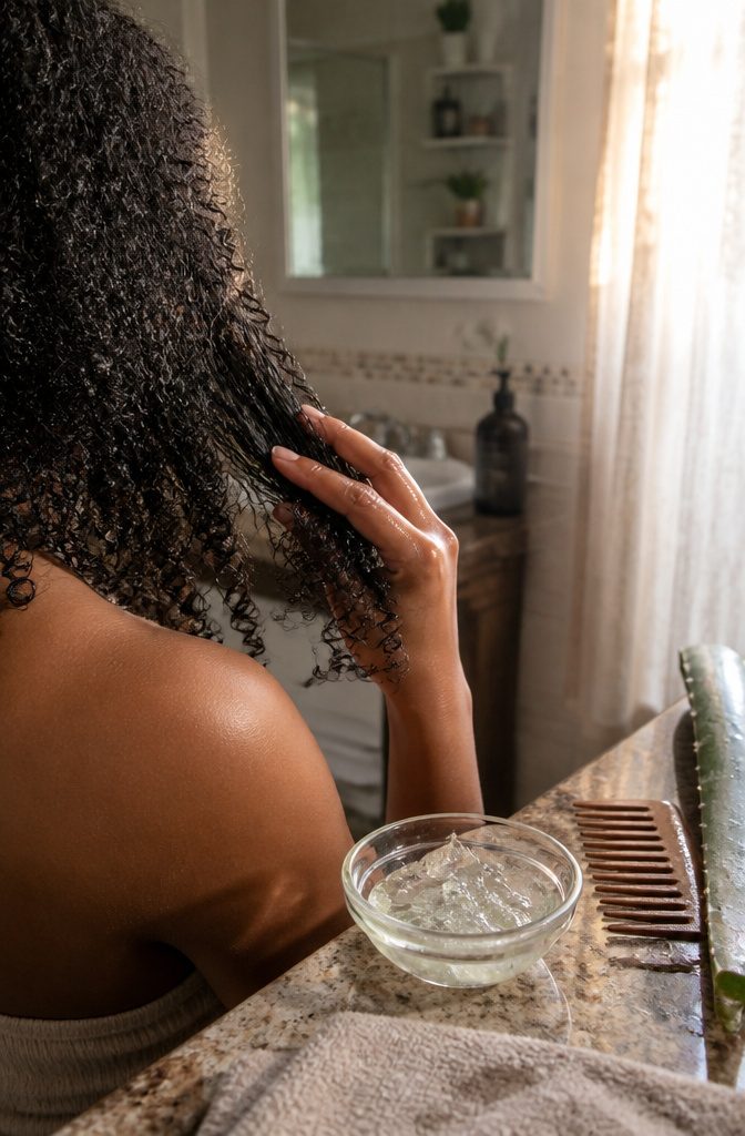 Dense springy curls being smoothed by hand beside a glass dish of aloe gel