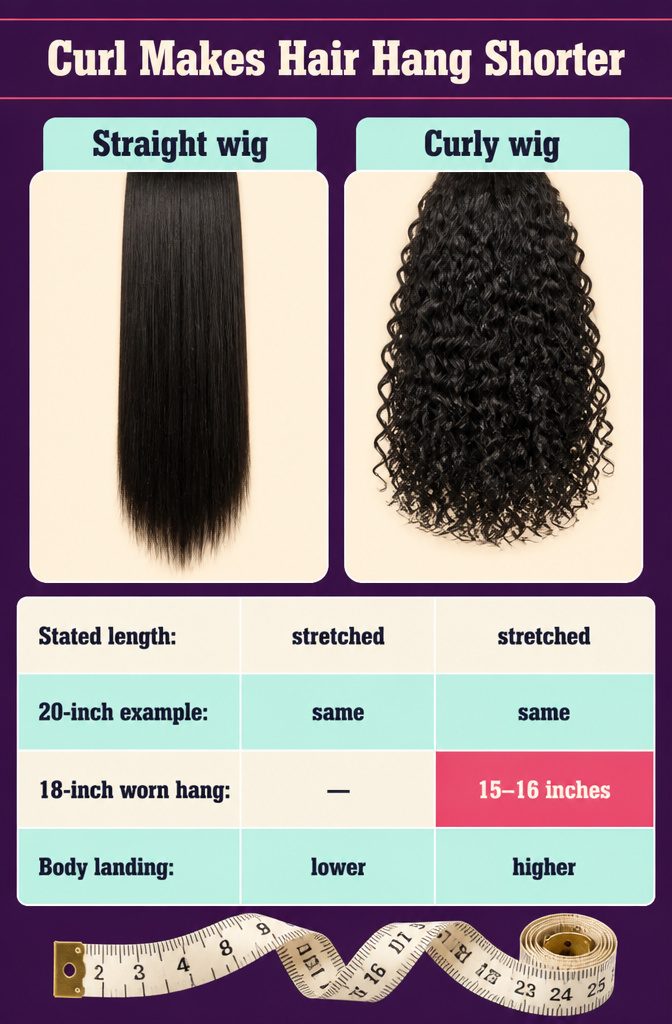 Curly hair hanging shorter than a straightened strand of the same length