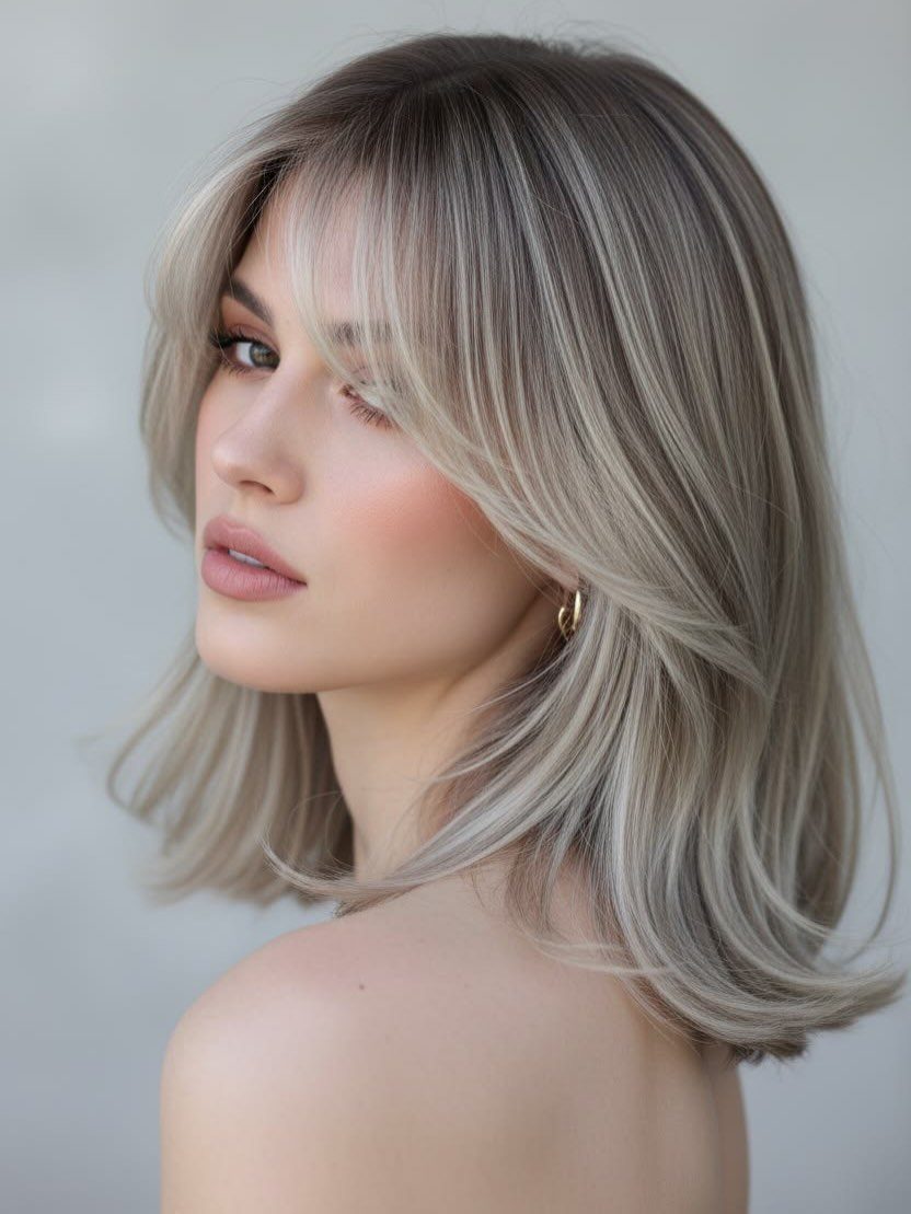 Woman with medium-length ash blonde hair and dark roots posing against grey background.